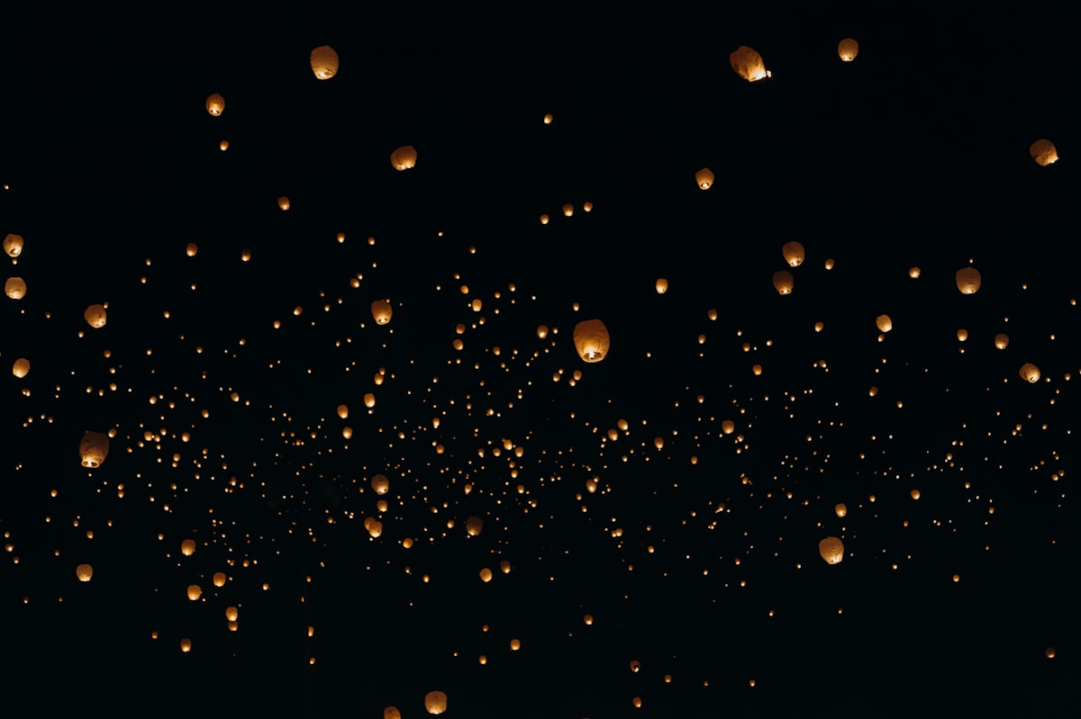 夜空中缓缓升起的橙色天灯